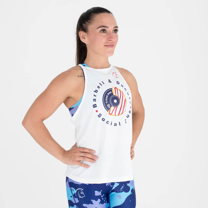 Camiseta sin mangas Ecoactive Halter (Barbell & Donuts White/Red) 1 camiseta-sin-mangas-cross-training-mujer-ecoactive-barbell-and-donuts-white-red