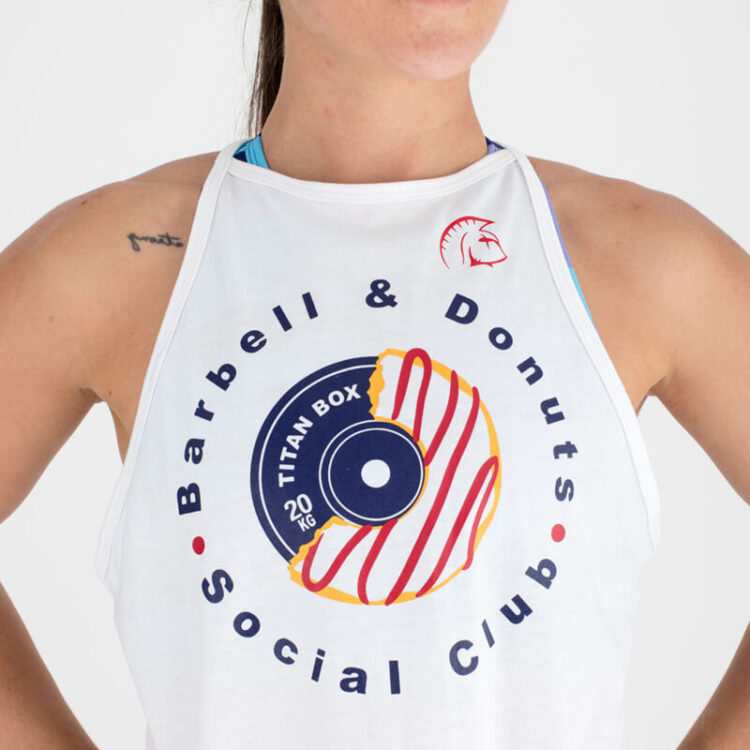 Camiseta sin mangas Ecoactive Halter (Barbell & Donuts White/Red)